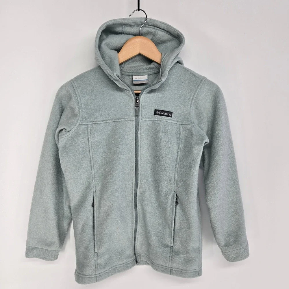 Columbia Fleece Hoodie Kids M 10/12 Sage Green Full Zip Jacket Outdoor Warm Soft
